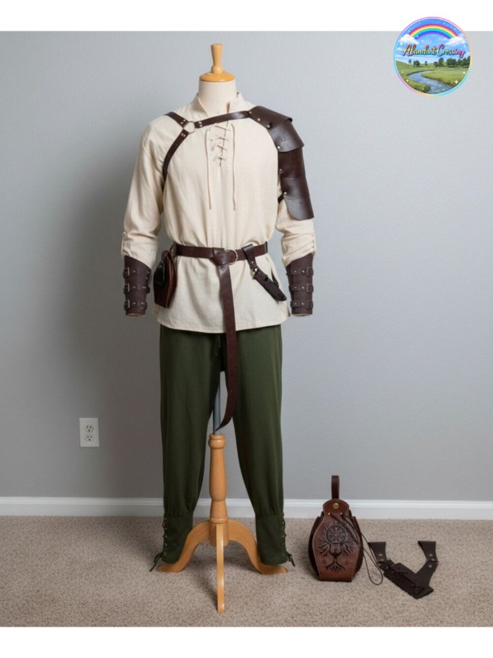 Men's Renaissance Costume 8 Pc Cotton Polyester Shirt Pant Viking Belt Bracer
